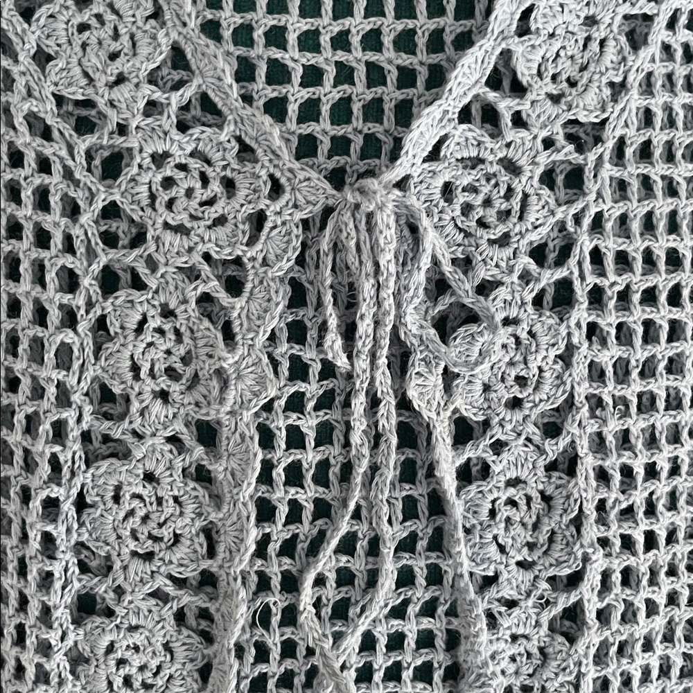 Debbie Shuchat Blue Crochet Fringe Front Tie Ramie Cotton Summer Top Small - Picture 7 of 7